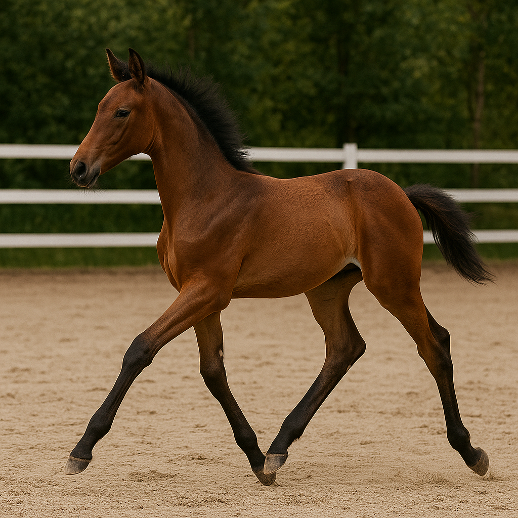 AI-generated image of a warmblood foal in trot.